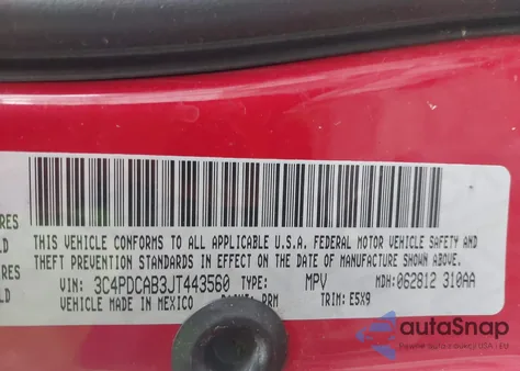 2018 Dodge Journey Se z USA, uszkodzony, nr VIN 3C4PDCAB3JT443560